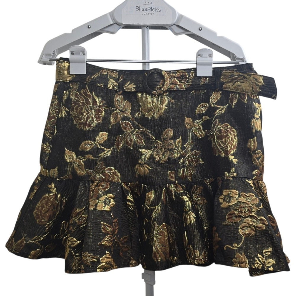 Sofie the Label NWT Black Gold Floral Jacquard Belted Ruffled Mini Skirt Size L